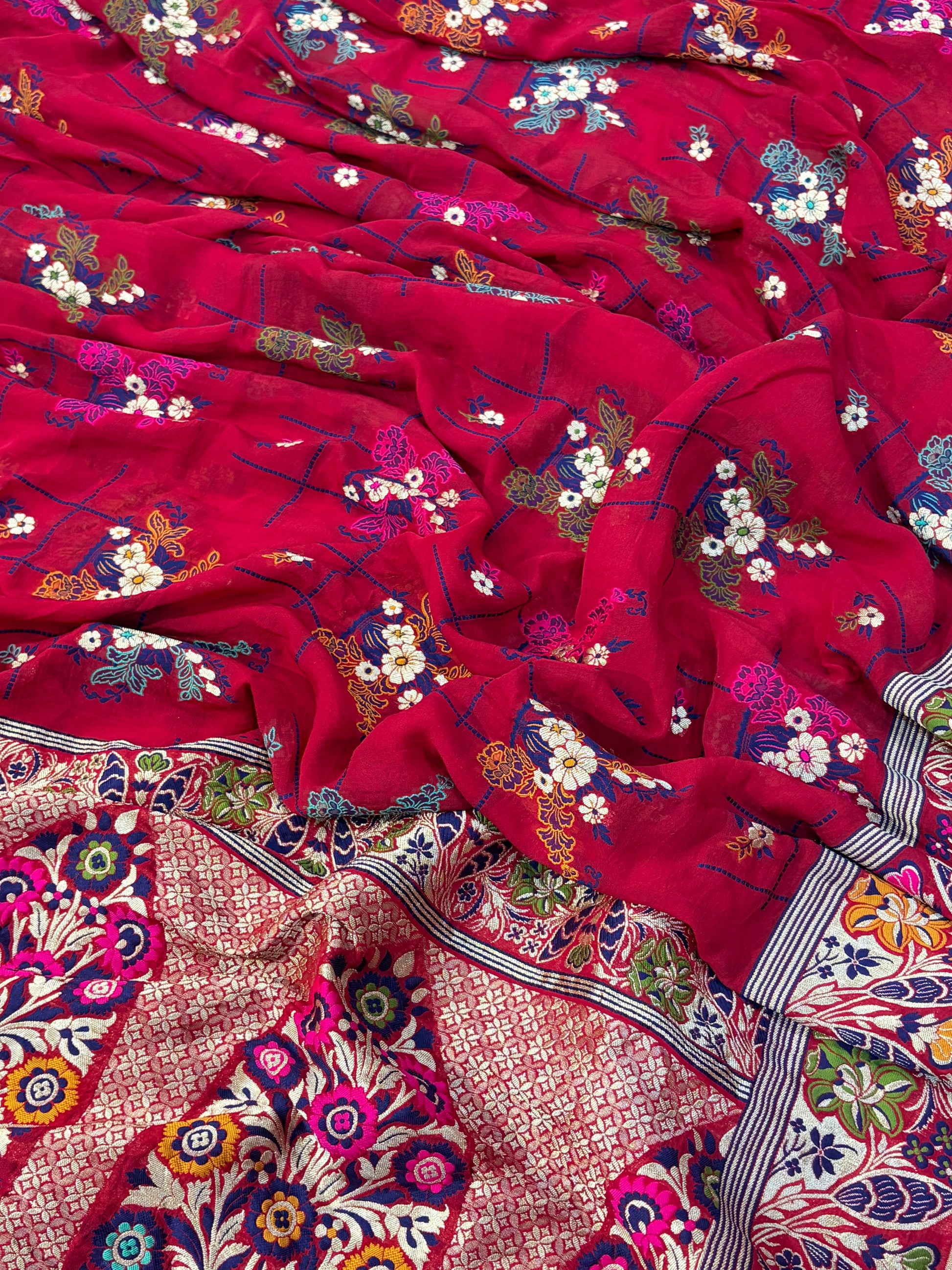 Premium Pure georgette silk sarees all over Multi Meenakari work with pure water zari wokr
