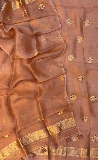 Pure Handloom Kora silk suit set in dusty rose colour with meenakari work