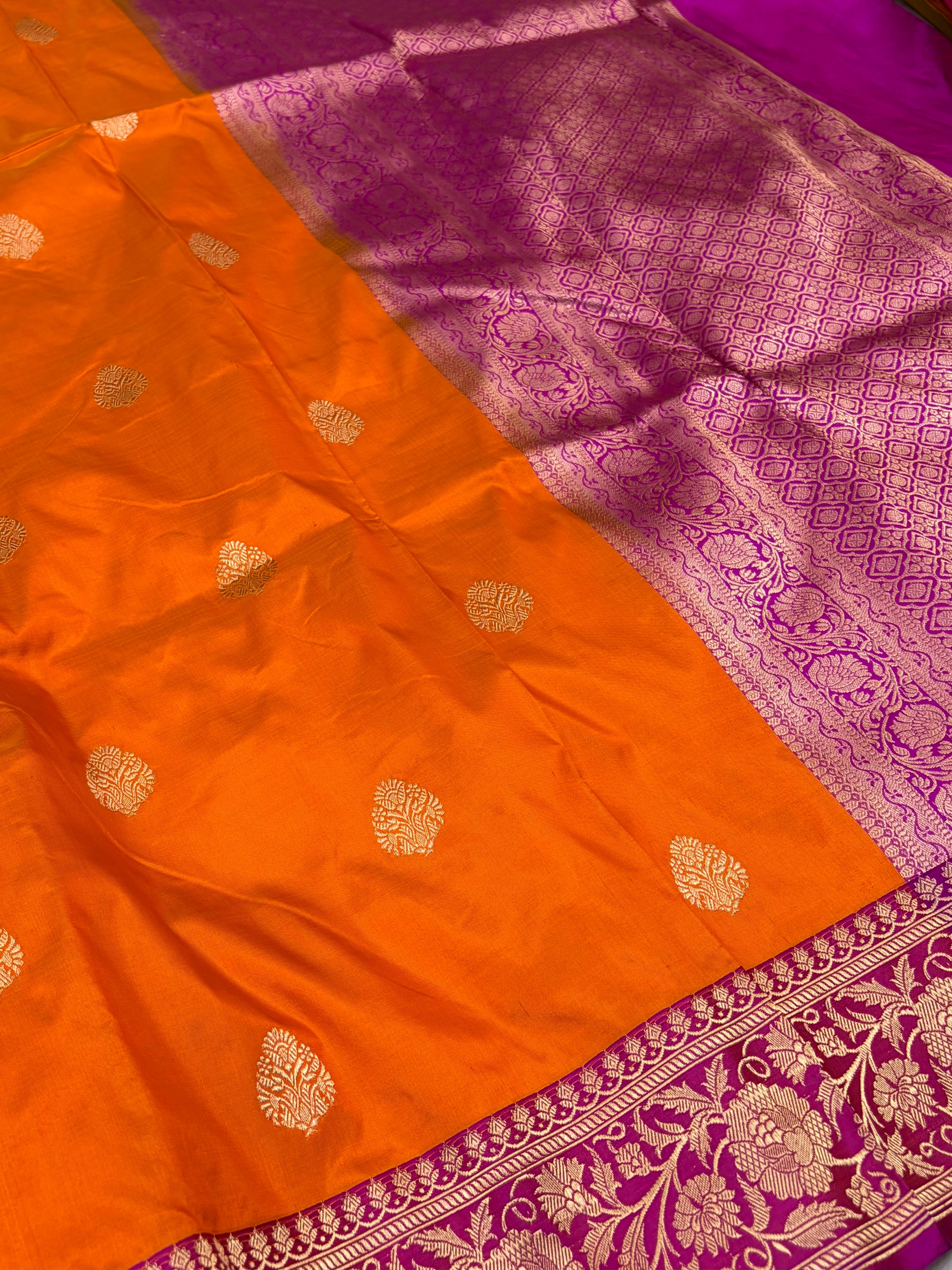Pure handwoven katan silk saree in orange with Rani  colour