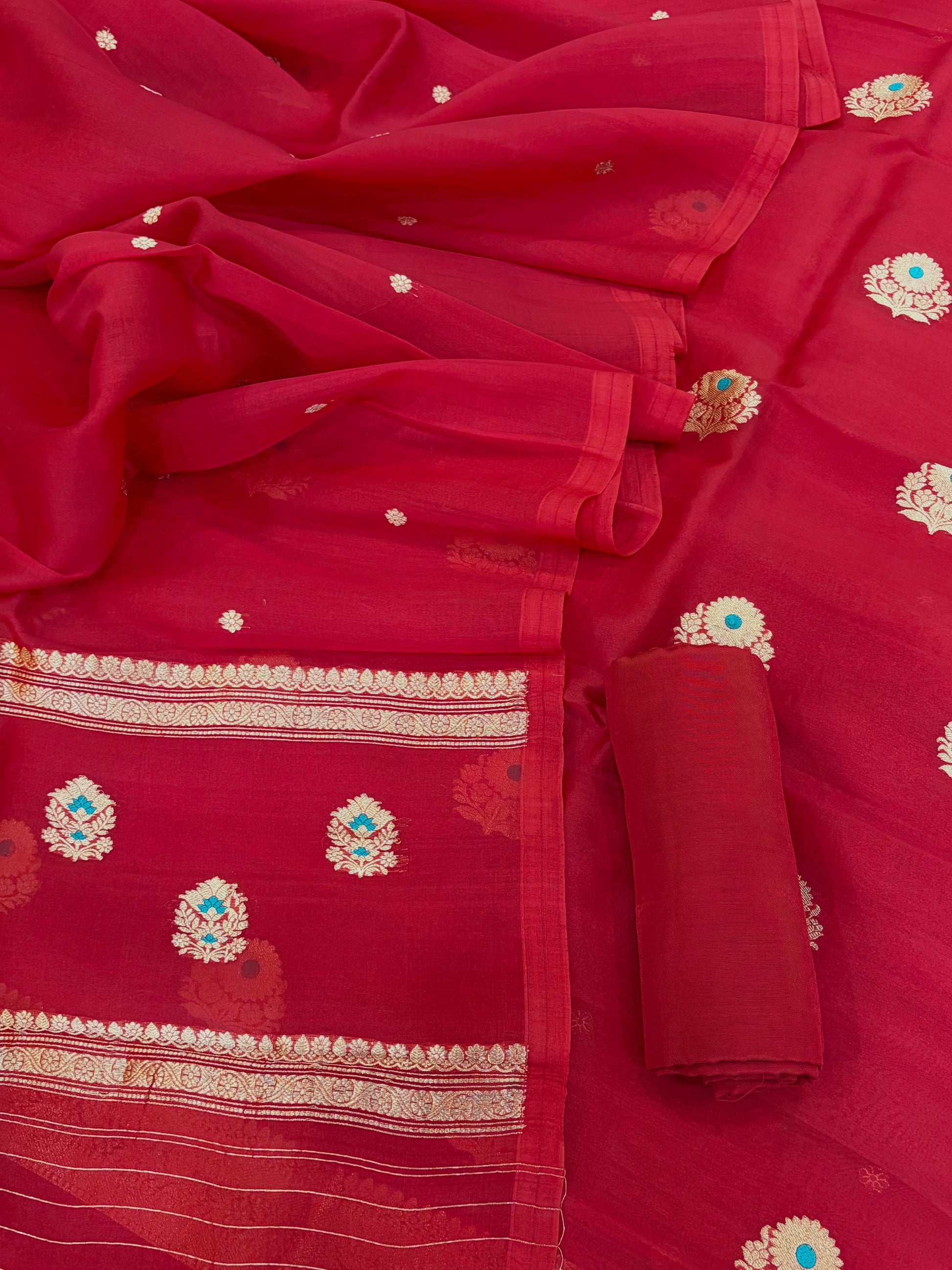 Pure Handloom Kora silk suit set in light Red colour with meenakari work