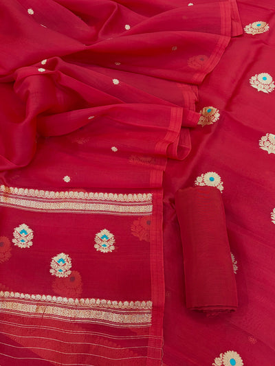 Pure Handloom Kora silk suit set in light Red colour with meenakari work