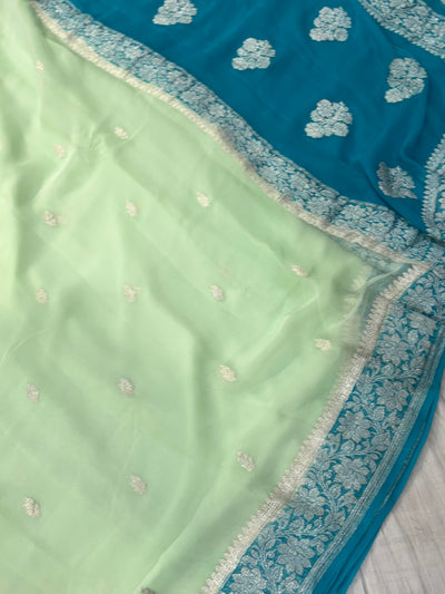 Pure khaddi chiffon saree in dark light sea green colour