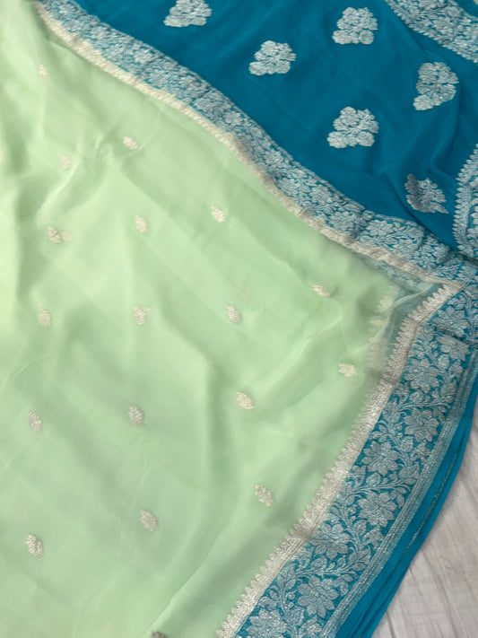 Pure khaddi chiffon saree in dark light sea green colour