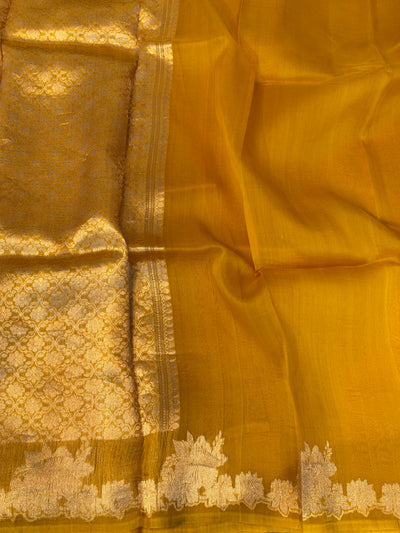 Pure handloom kora silk saree in gold yellow colour