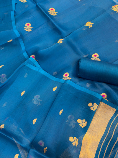 Pure Handloom Kora silk suit set in sapphire blue  colour