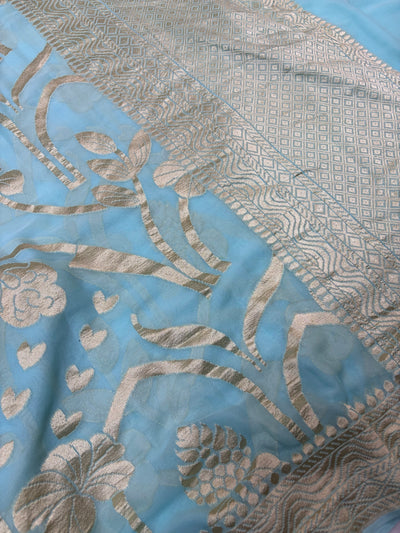 Pure georgette silk saree in pastel sky blue colour