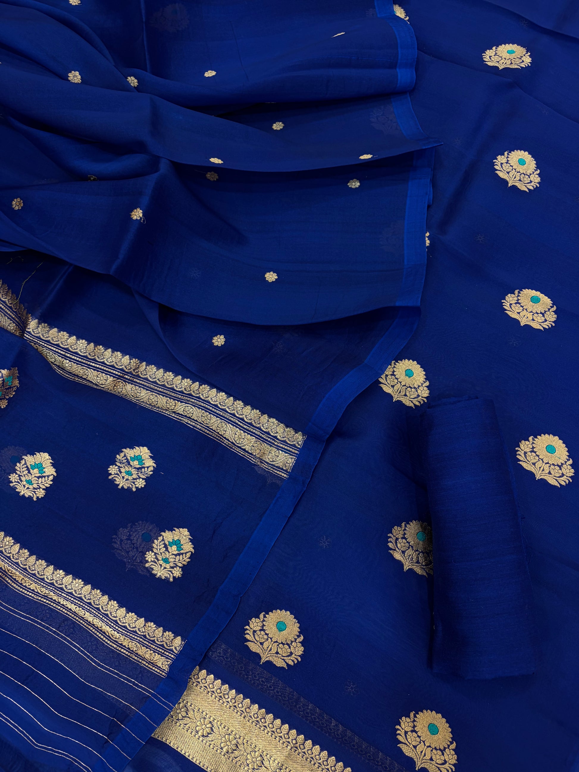 Pure Handloom Kora silk suit set in light Navy blue colour with meenakari work