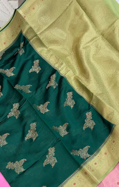 Pure raw mango saree in bottle green with pistachio green colour combination