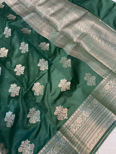Banarasi soft katan silk saree in bottle green colour
