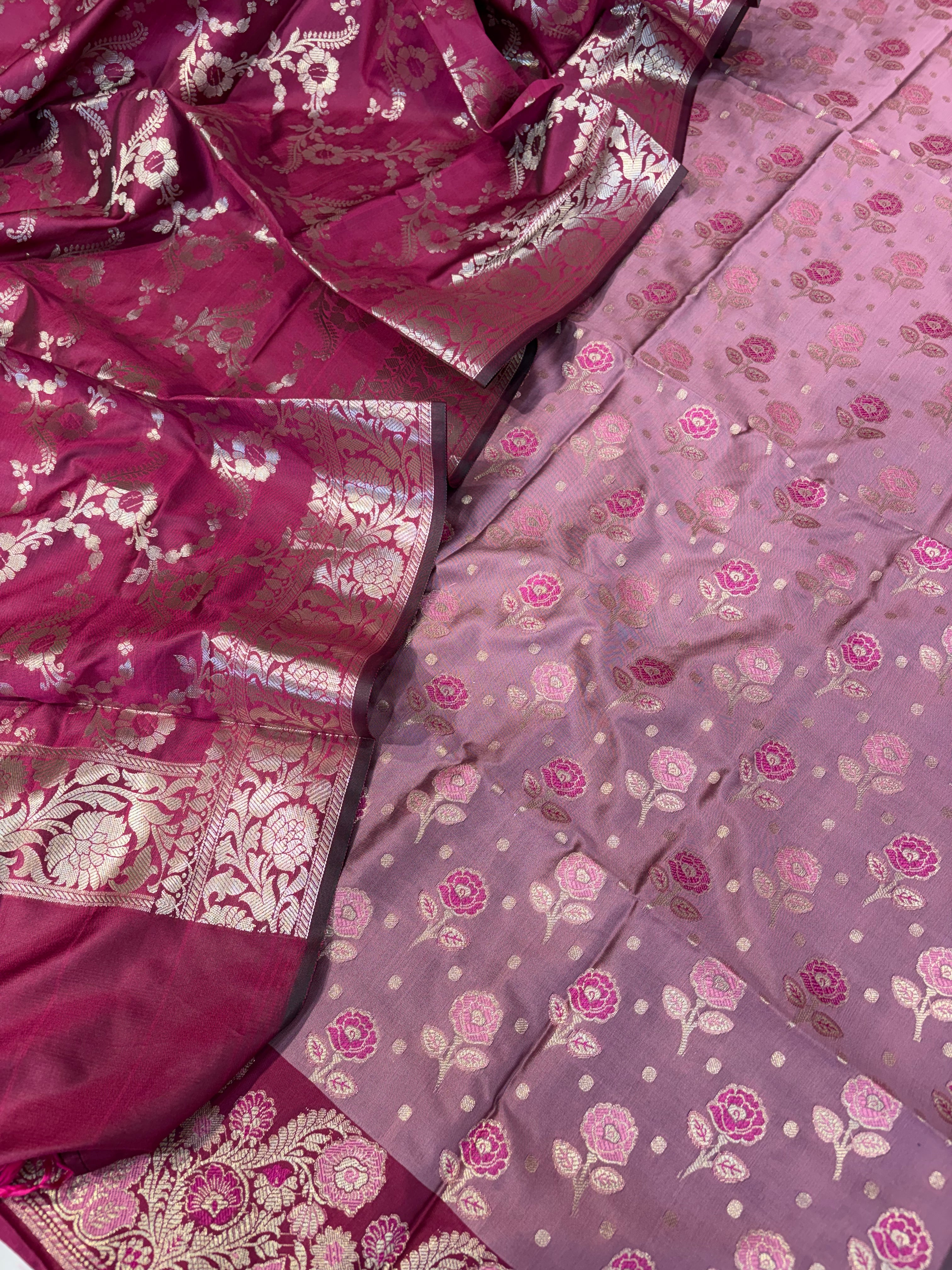 Banarasi soft silk suit in light dark pink colour