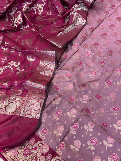 Banarasi soft silk suit in light dark pink colour