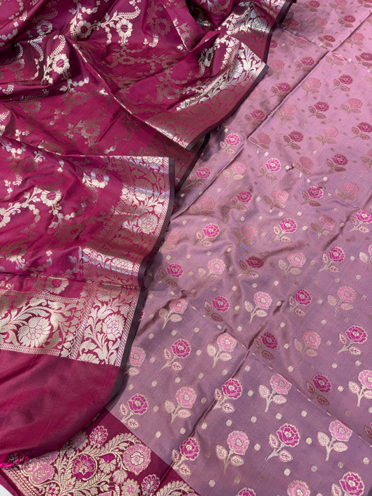 Banarasi soft silk suit in light dark pink colour