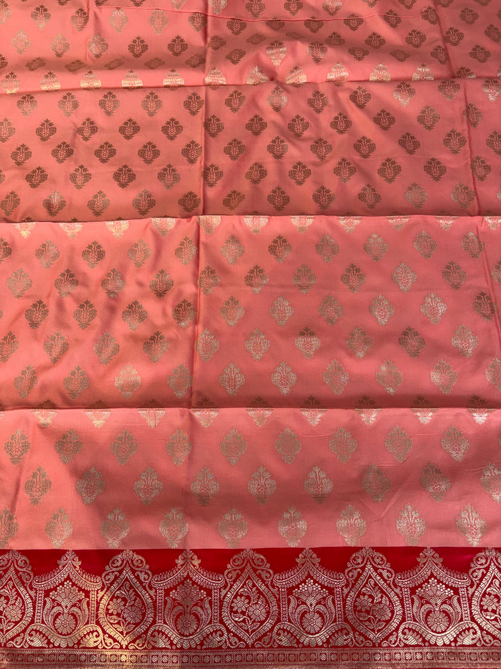 Banarasi soft silk suit in peach and cherry red colour combination