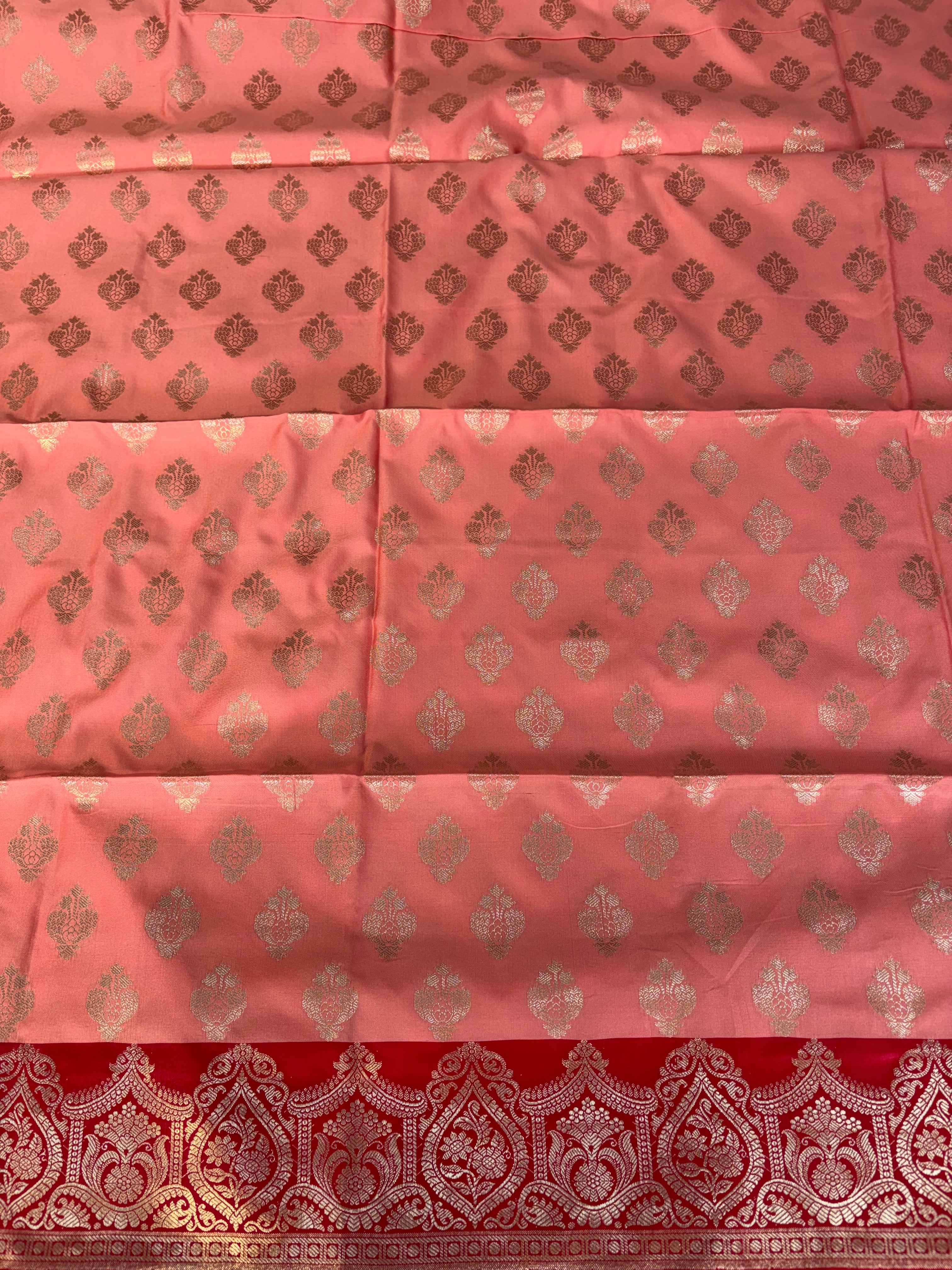 Banarasi soft silk suit in peach and cherry red colour combination
