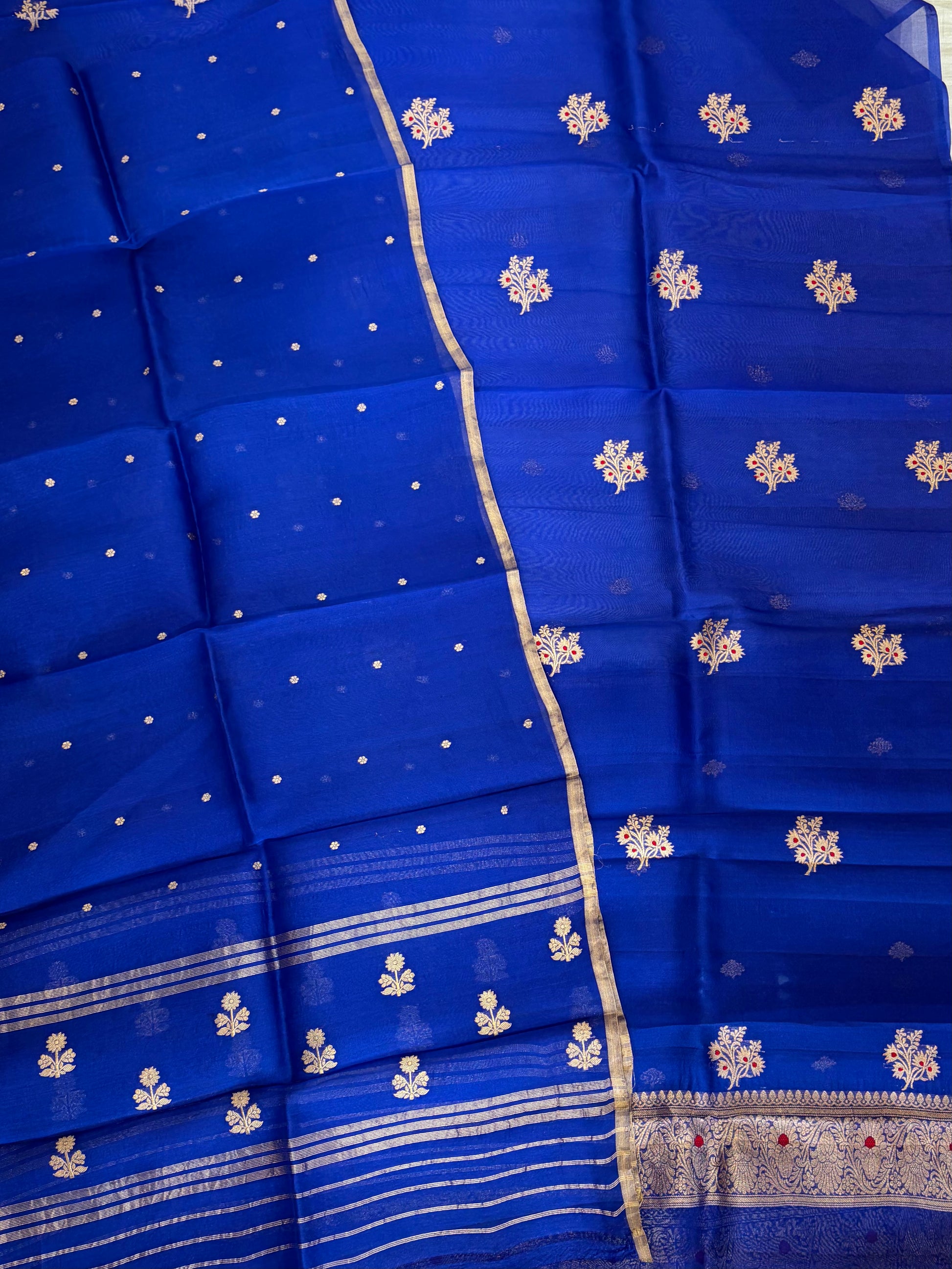 Pure Handloom Kora silk suit set in royal blue colour with meenakari work