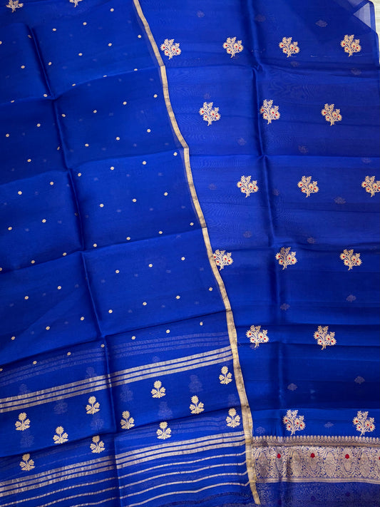 Pure Handloom Kora silk suit set in royal blue colour with meenakari work