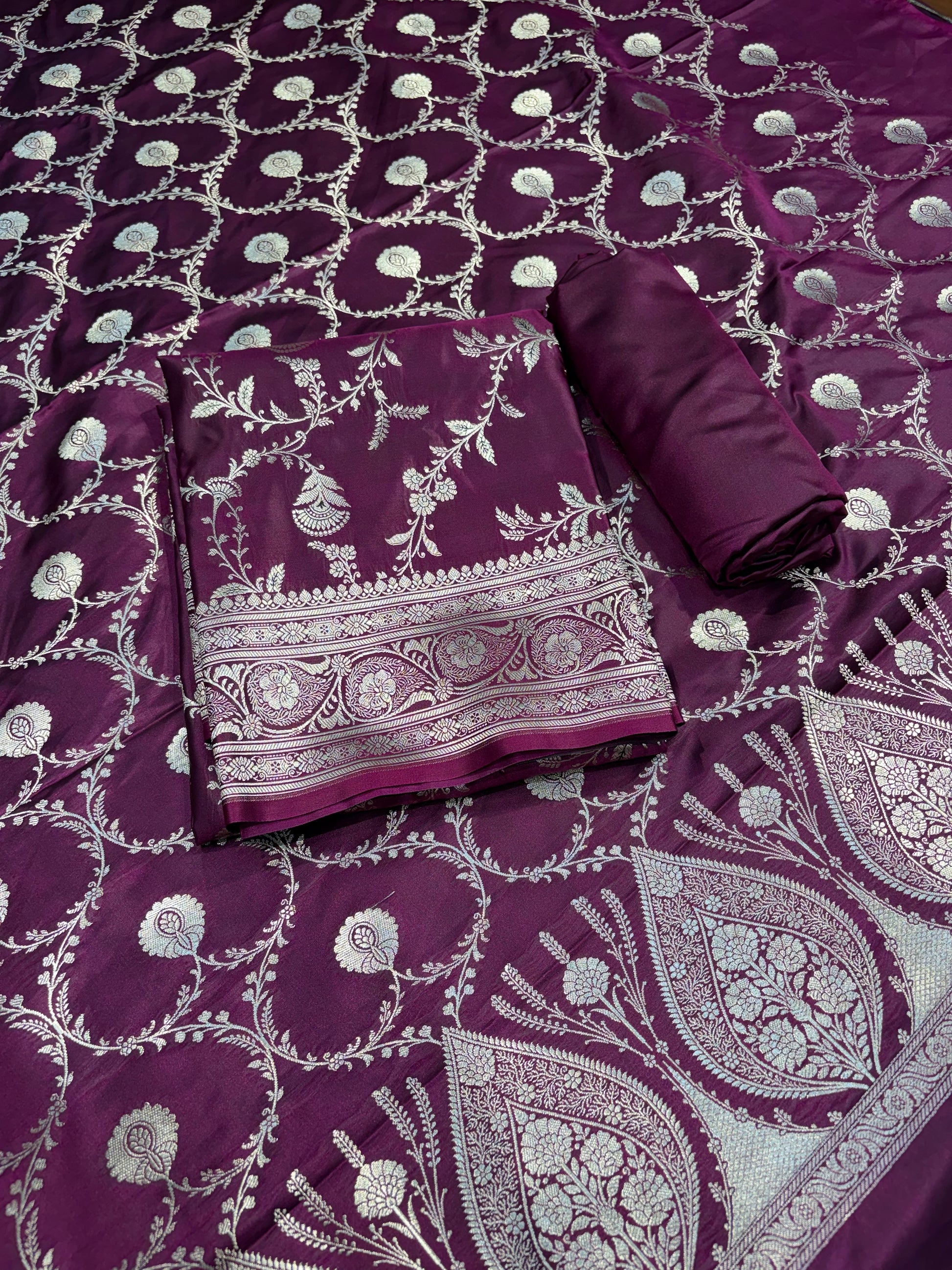 Beautiful Banarasi Mashru silk suit in dark purple colour