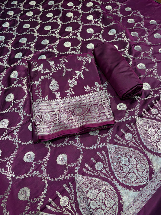 Beautiful Banarasi Mashru silk suit in dark purple colour