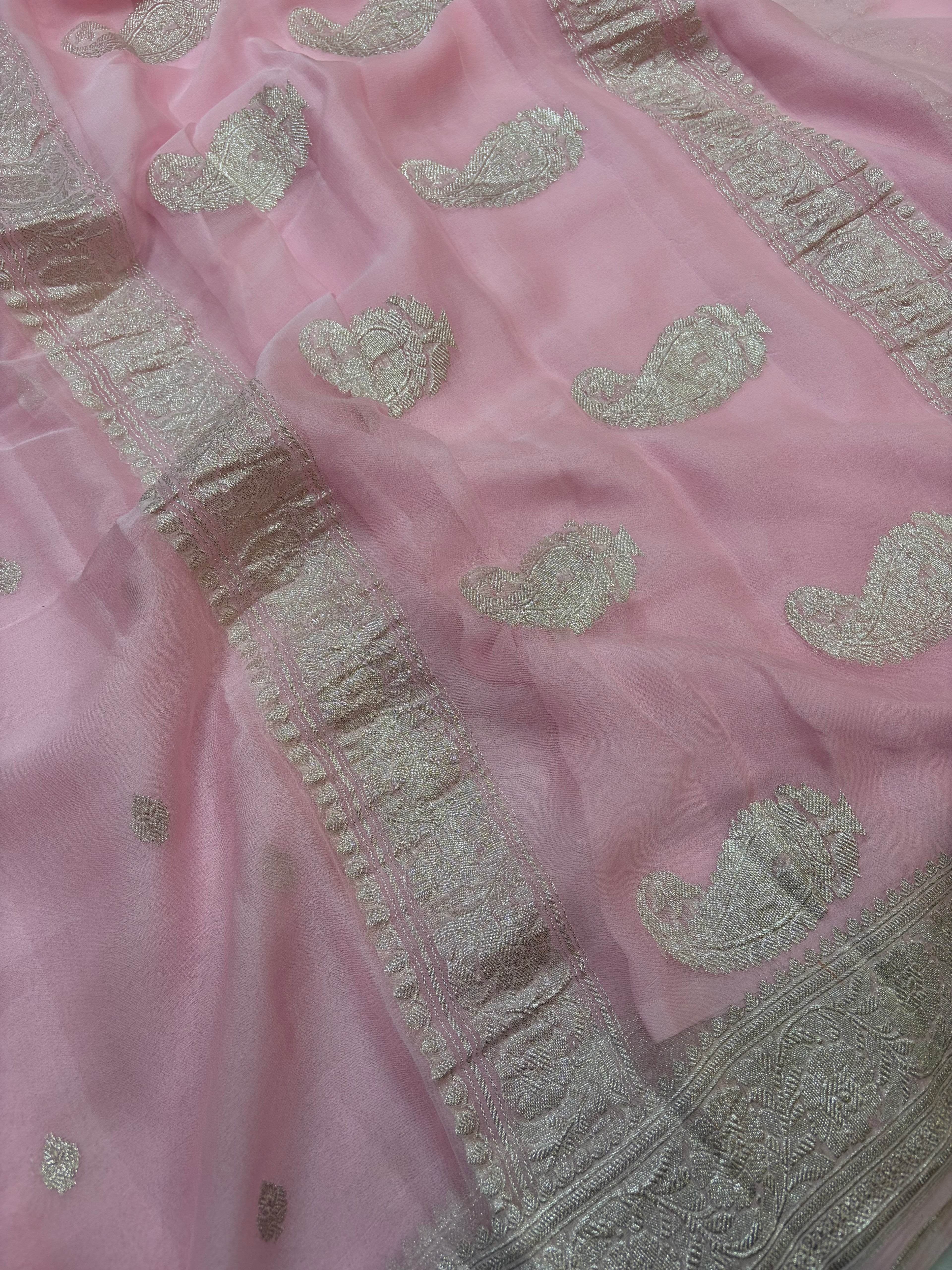 Baby pink pure Khaddi Chiffio Banarasi Zari Border Saree