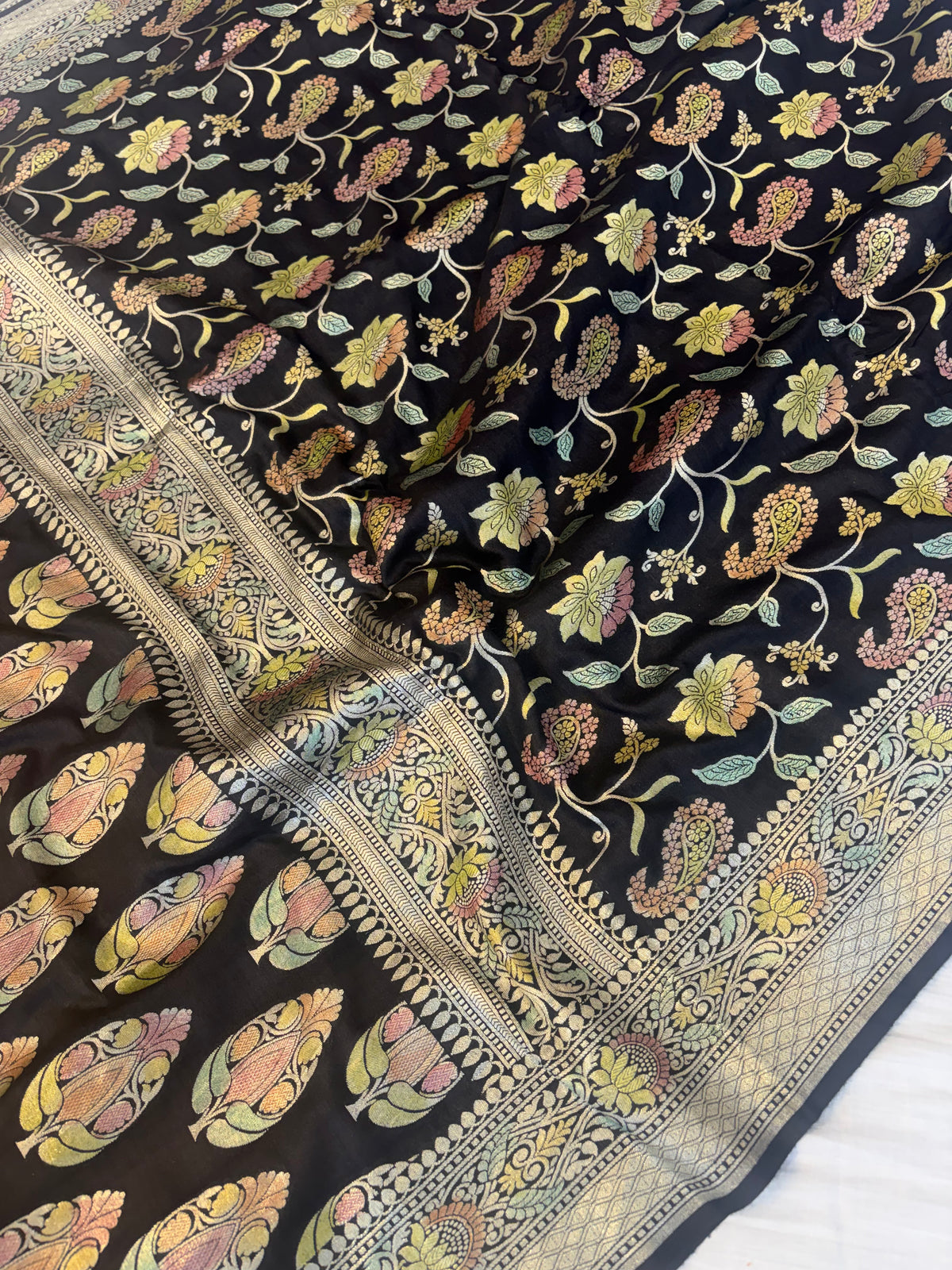 Pure moonga silk saree all over jaal work in black colour