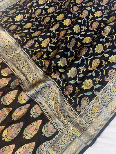 Pure moonga silk saree all over jaal work in black colour