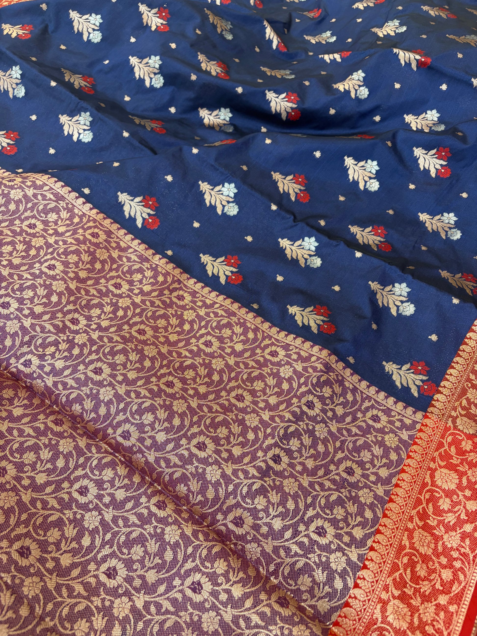 Banarasi soft silk Meenakari saree in navy blue with maroon colour