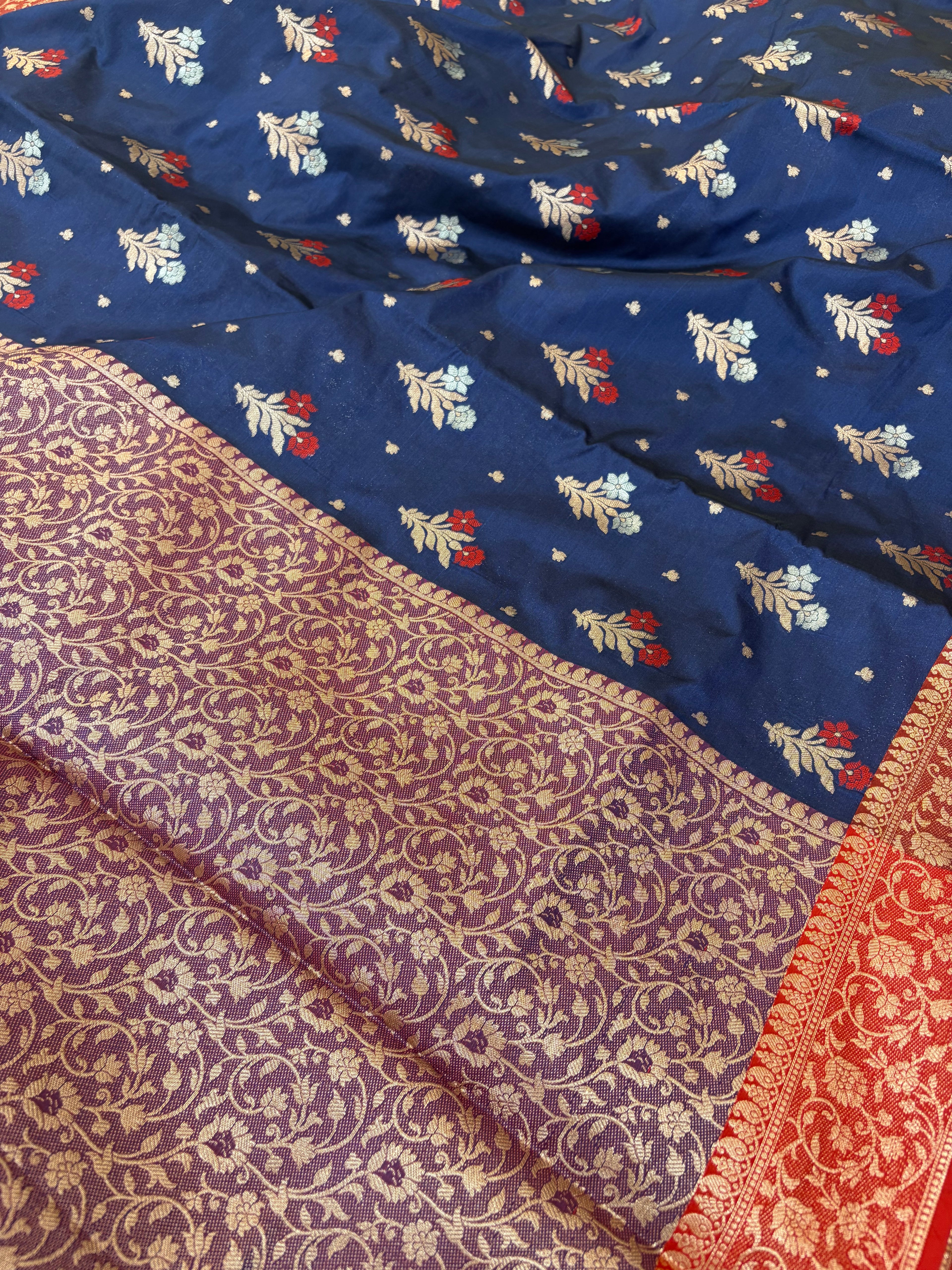 Banarasi soft silk Meenakari saree in navy blue with maroon colour