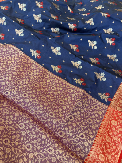 Banarasi soft silk Meenakari saree in navy blue with maroon colour