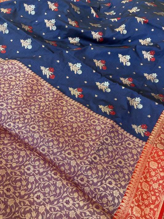 Banarasi soft silk Meenakari saree in navy blue with maroon colour