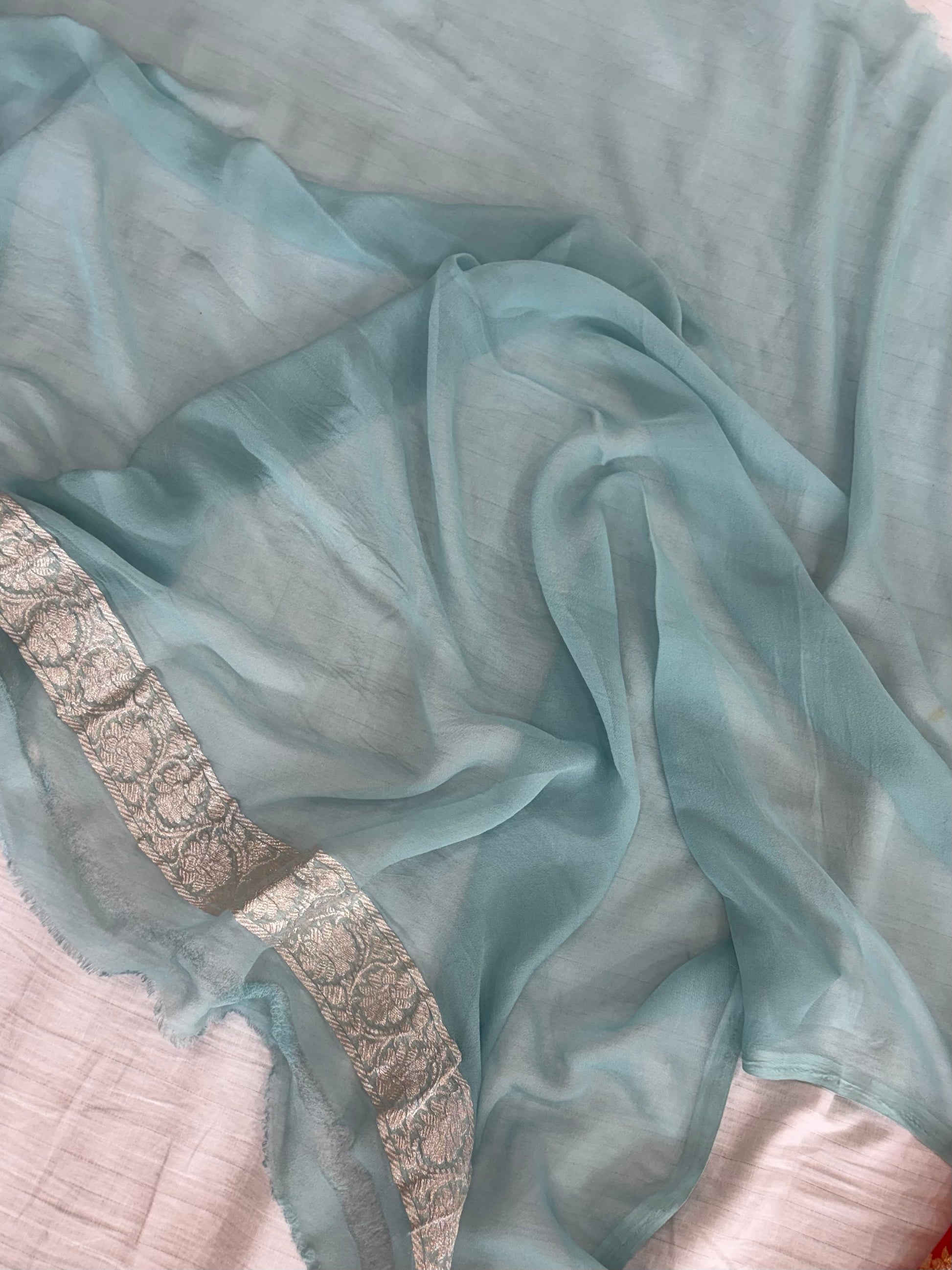 Pure khaddi chiffon saree gold yellow with sea green colour