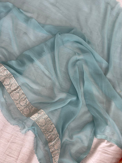 Pure khaddi chiffon saree gold yellow with sea green colour