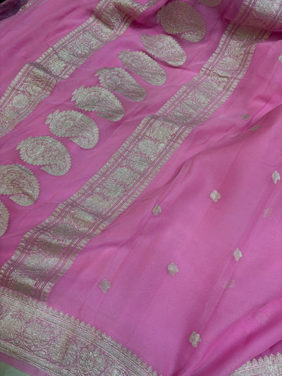 Pure khaddi chiffon saree in Pink colour