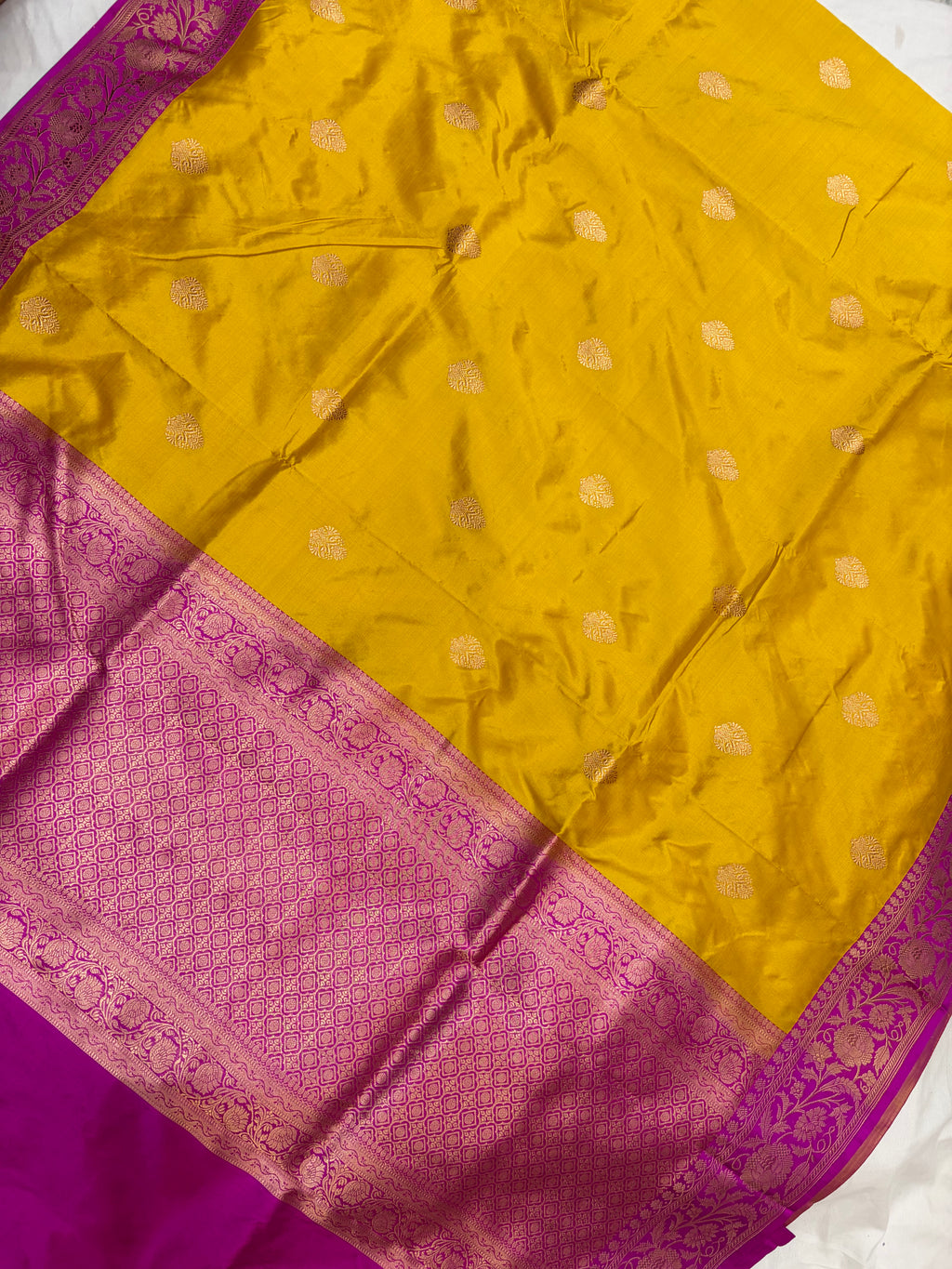 Pure handwoven katan silk saree in mustard with Rani  colour