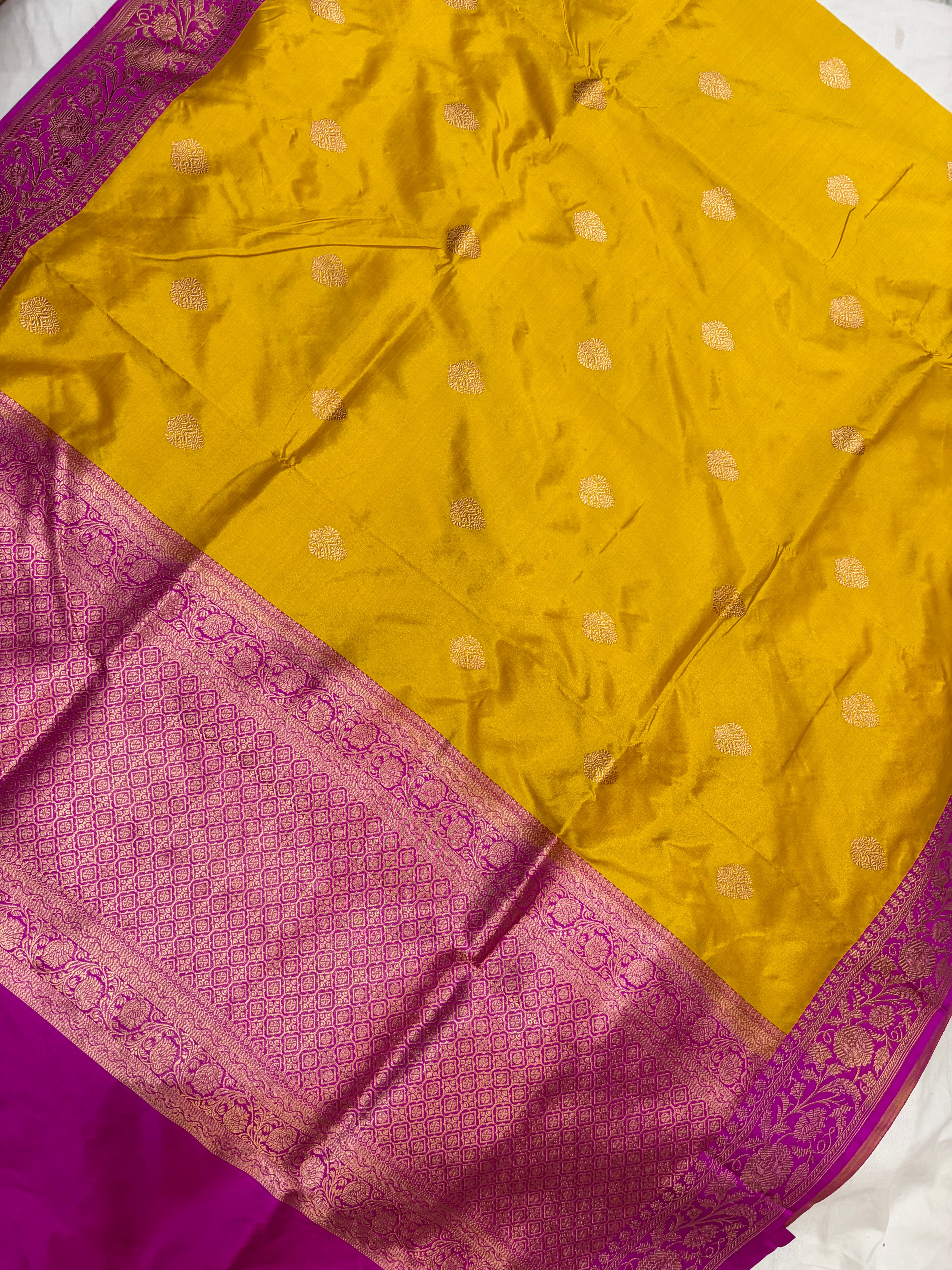 Pure handwoven katan silk saree in mustard with Rani  colour