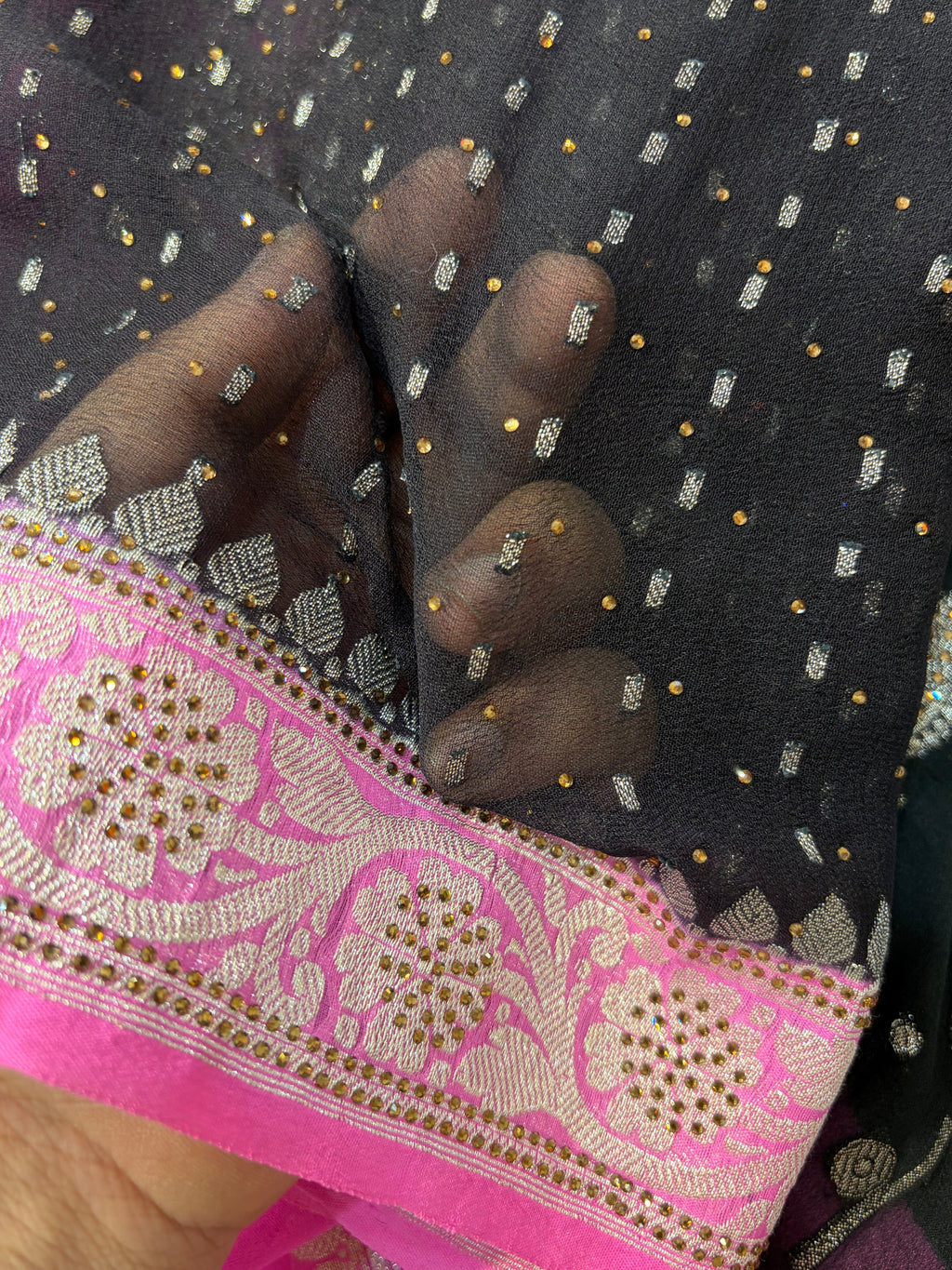 Pure khaddi chiffon suit in black with pink colour with all over swaroski work
