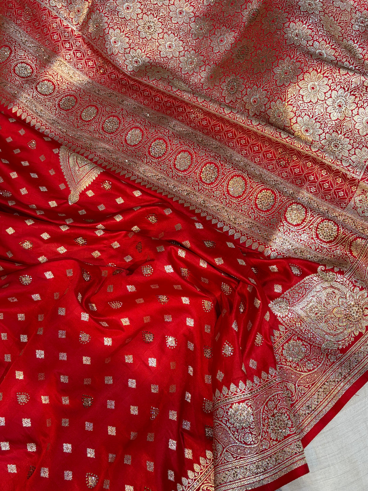 Bridal Banarasi satin Katan silk sarees in blood red colour with all over Swarovski work