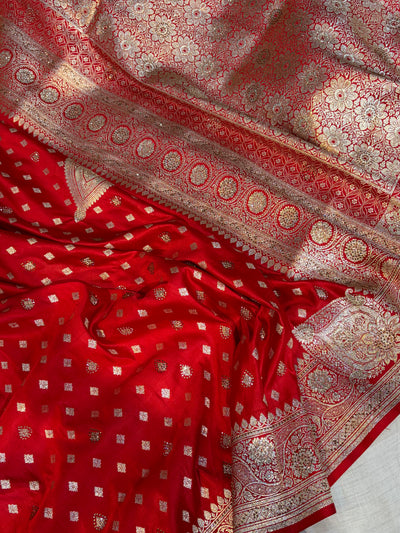 Bridal Banarasi satin Katan silk sarees in blood red colour with all over Swarovski work