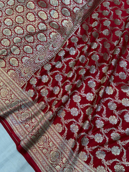 Banarasi Mashru silk saree in Blood red colour with all over Swarovski work