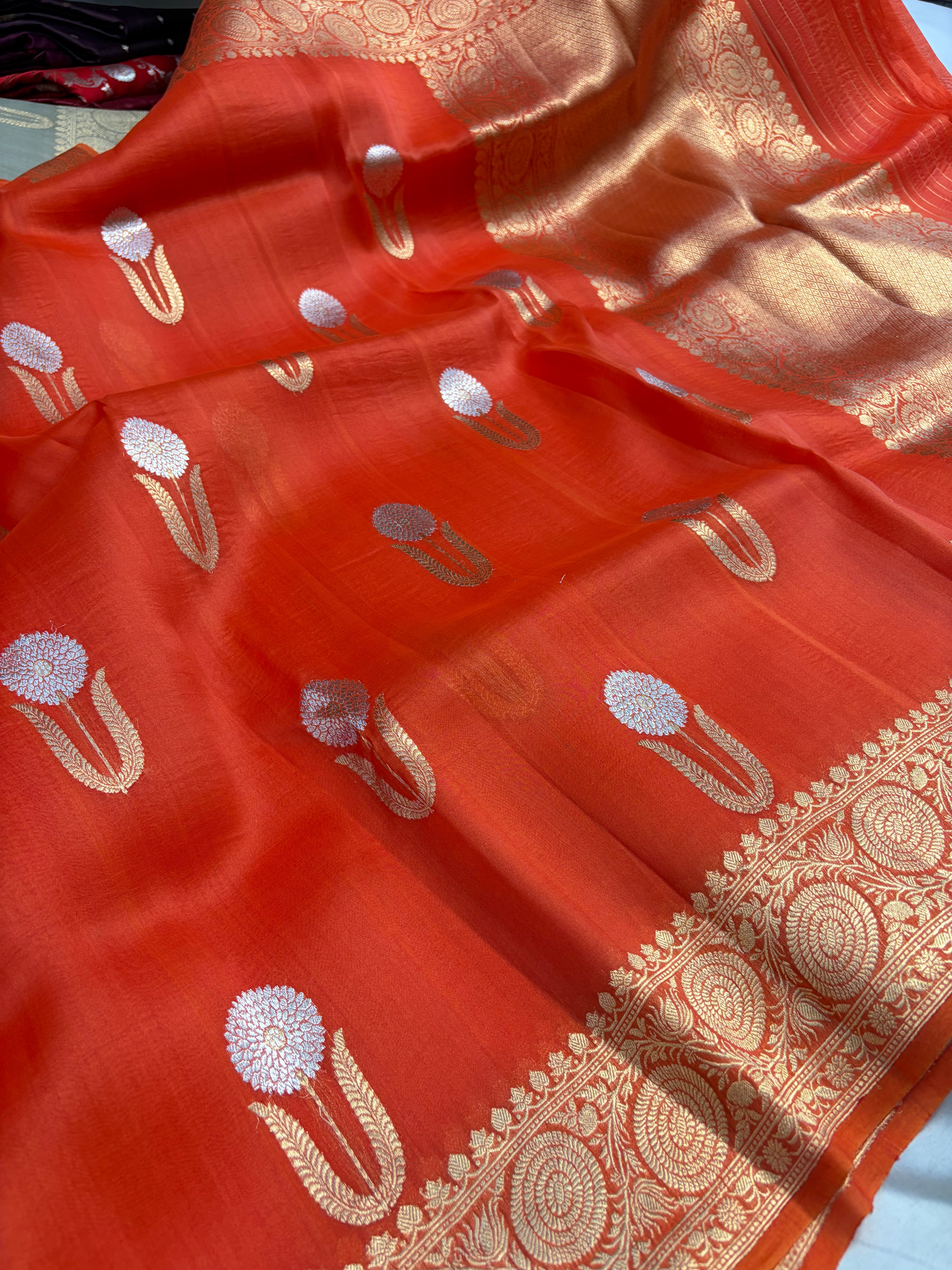 Pure handloom organza silk saree in orange colour