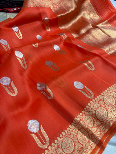 Pure handloom organza silk saree in orange colour