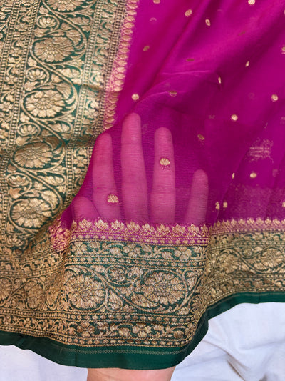Pure georgette silk saree in Dark magenta with bottle green