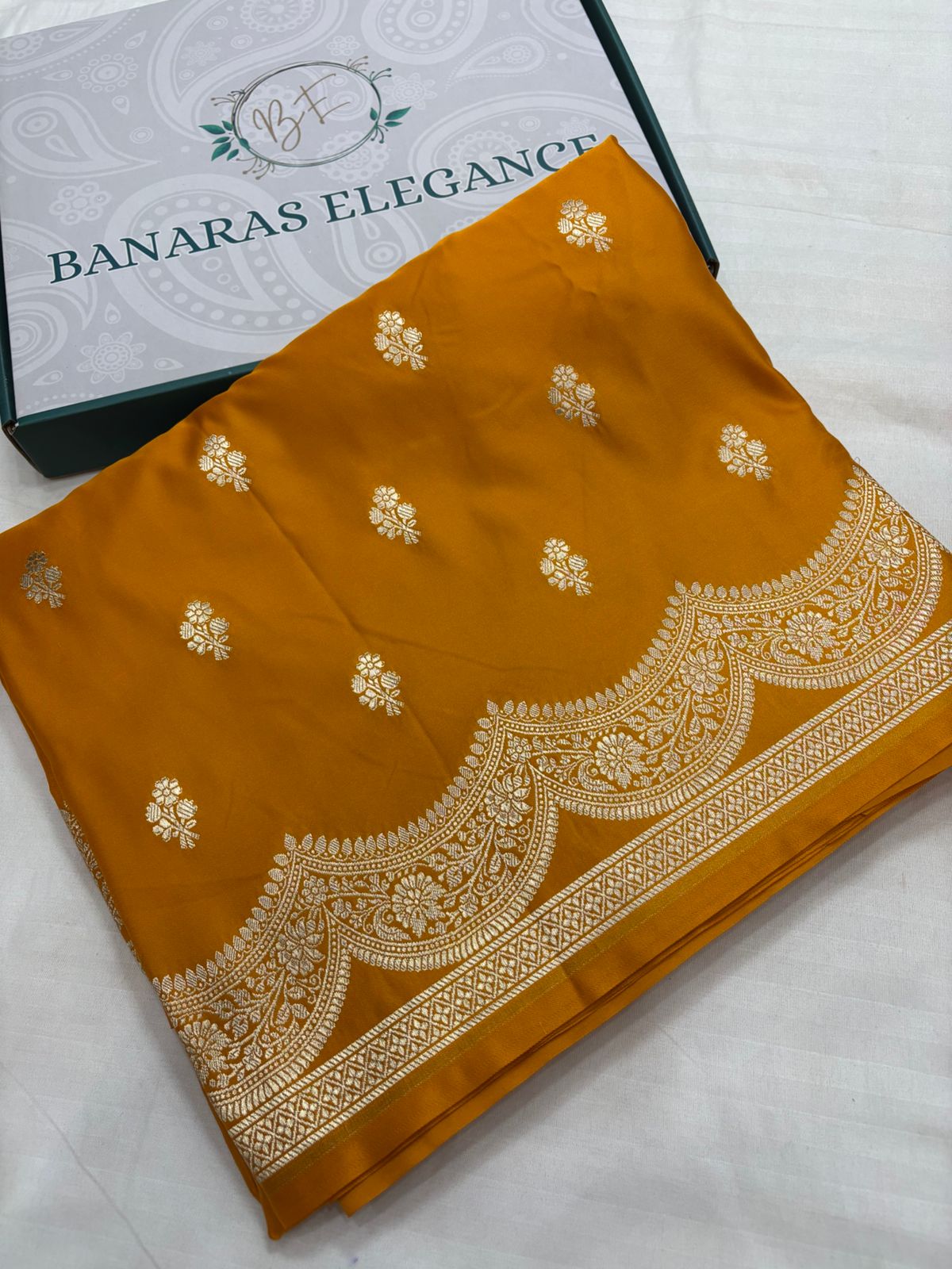 Mustard Mashru Silk Saree With Zari Necklace Border Booti