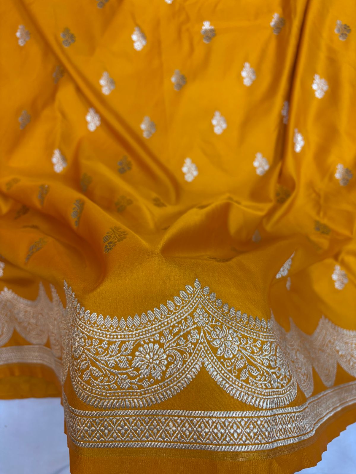 Mustard Mashru Silk Saree With Zari Necklace Border Booti