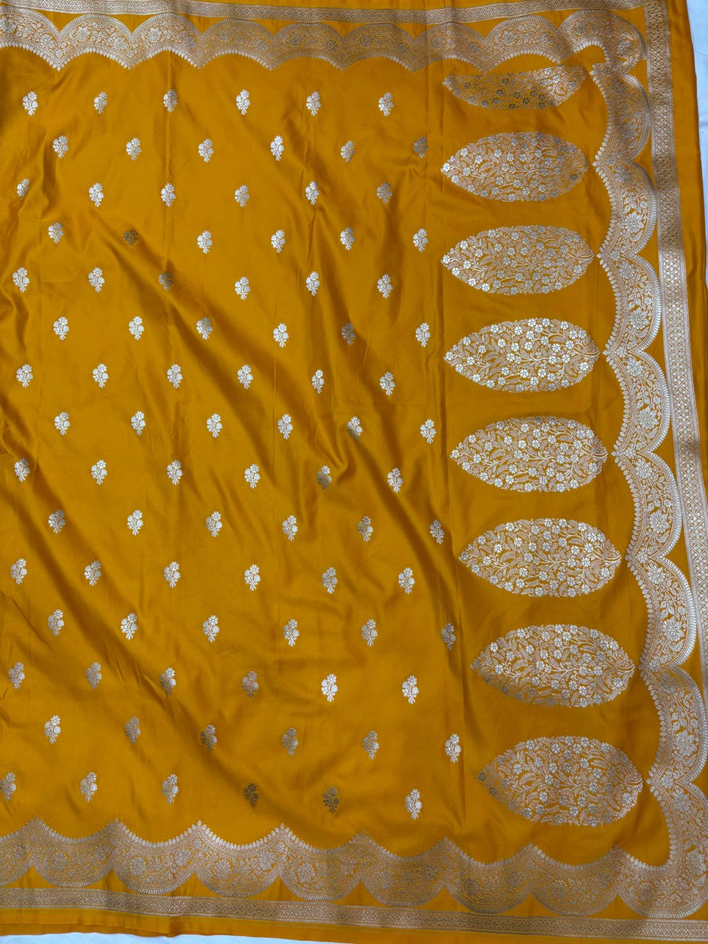 Mustard Mashru Silk Saree With Zari Necklace Border Booti