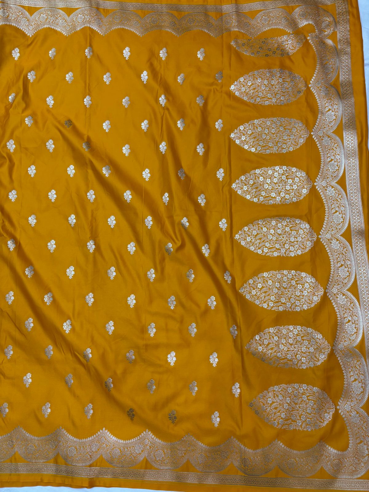 Mustard Mashru Silk Saree With Zari Necklace Border Booti