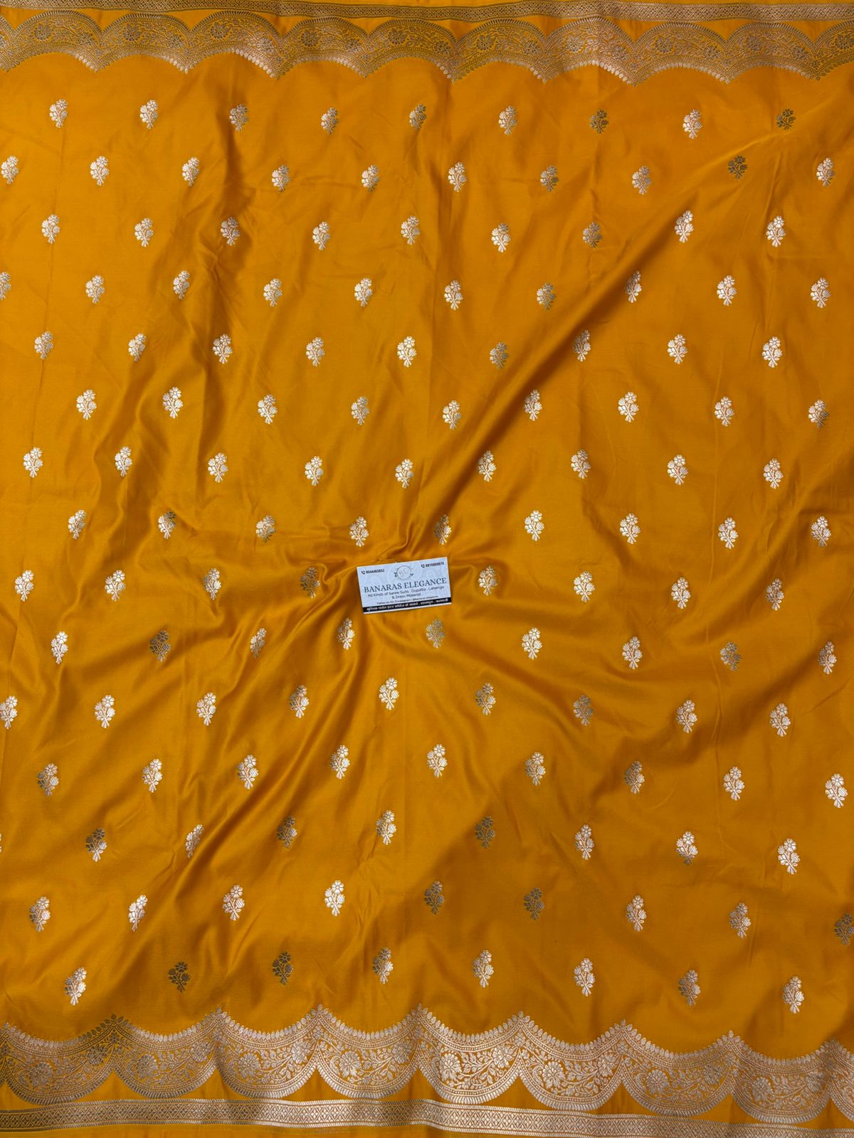 Mustard Mashru Silk Saree With Zari Necklace Border Booti