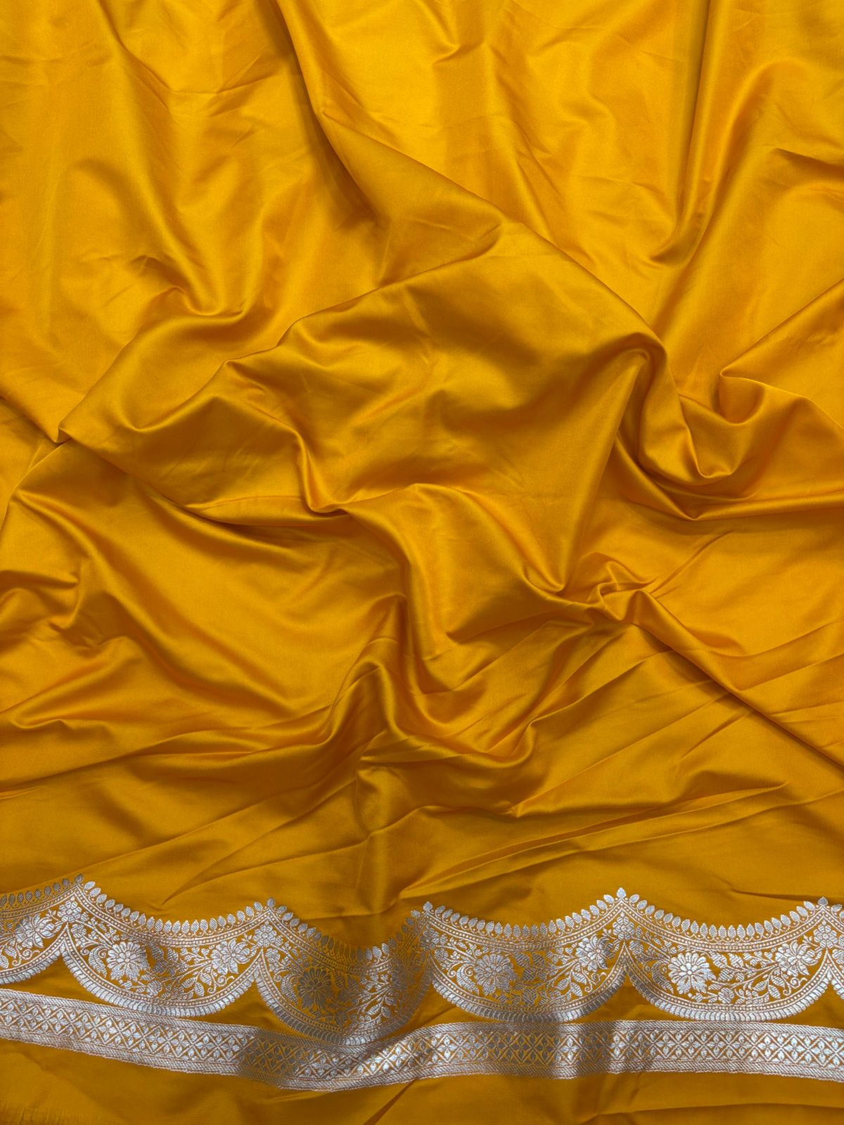 Mustard Mashru Silk Saree With Zari Necklace Border Booti