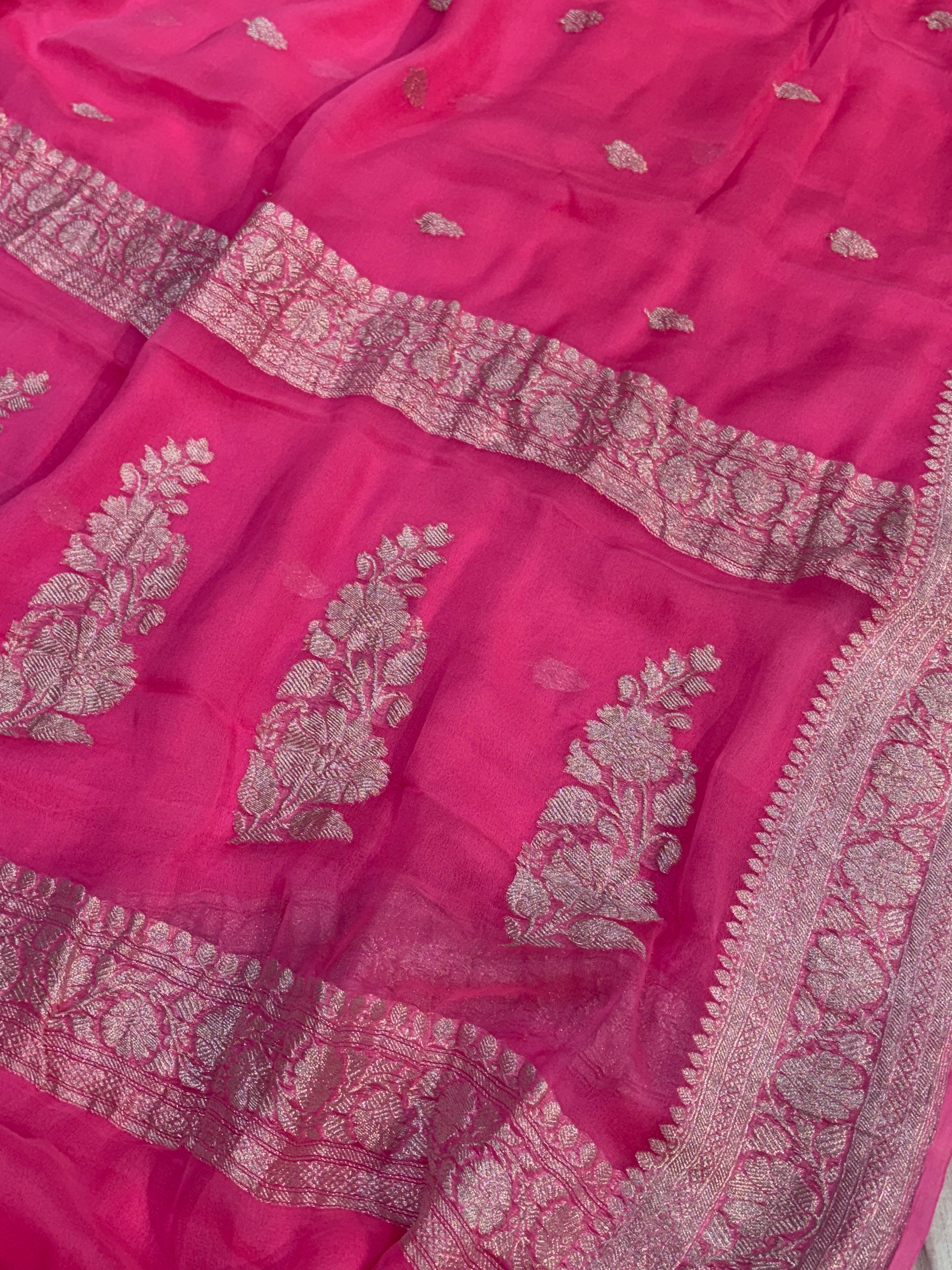 Pure khaddi chiffon saree in fuchsia pink colour