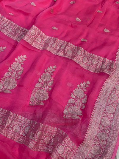 Pure khaddi chiffon saree in fuchsia pink colour