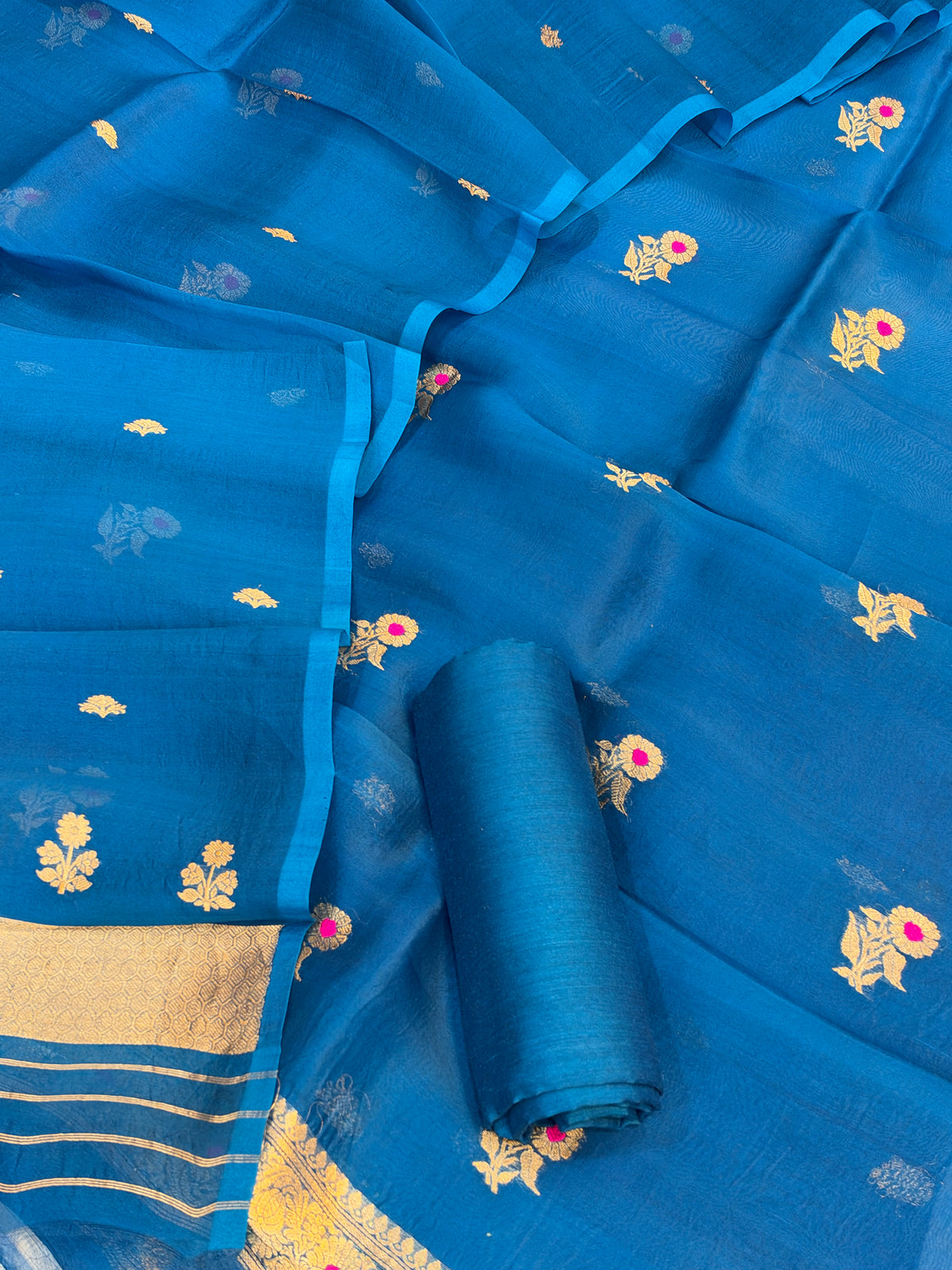 Pure Handloom Kora silk suit set in sapphire blue  colour